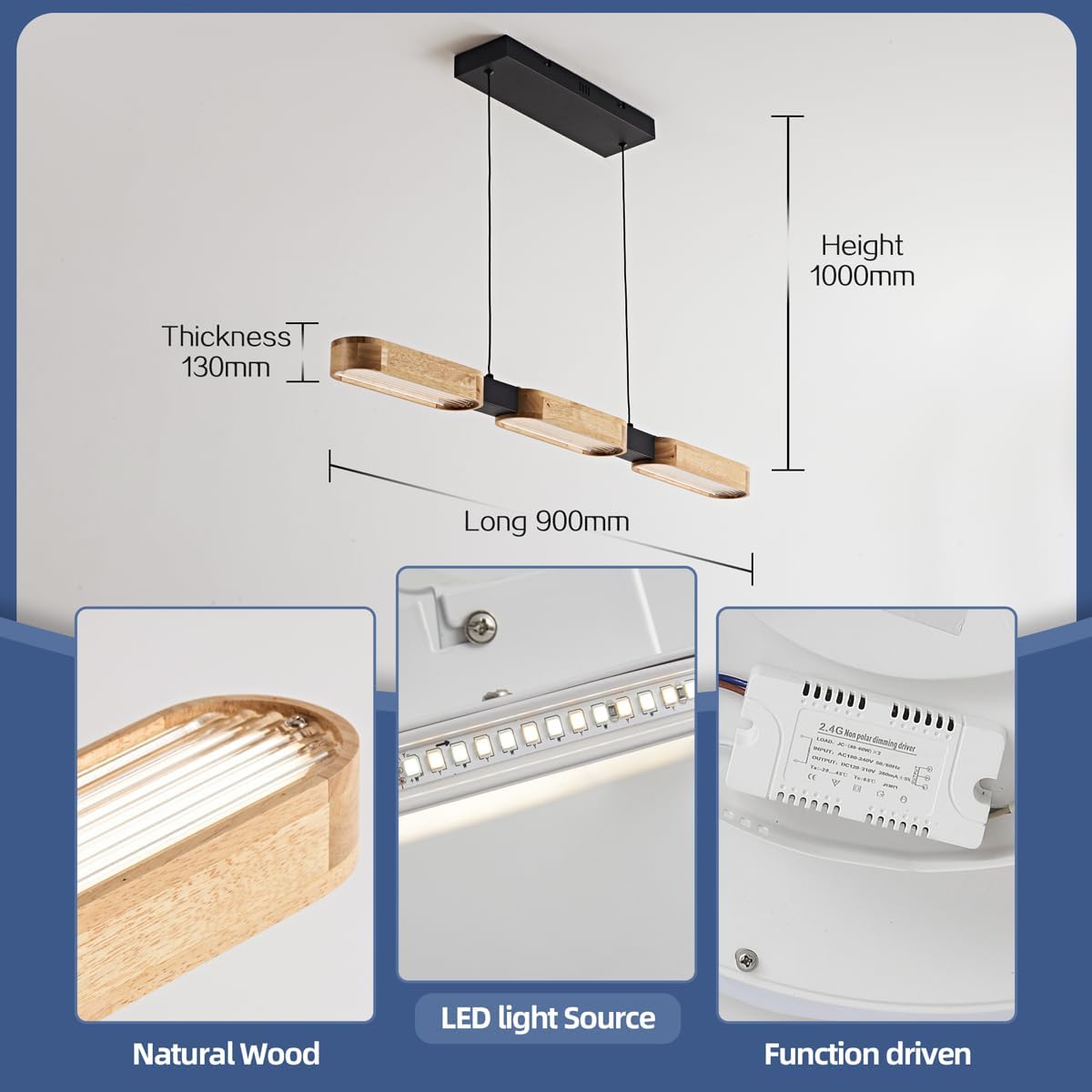 Pendelleuchte Esstisch 90 cm, Moderne LED Esszimmer Hängelampe Holz, Fernbedienung Dimmbare Timer Nachtautomatil Linear Design 25W