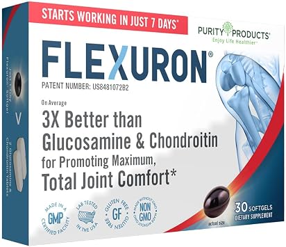 Purity Products Flexuron Joint Formula 3X Better Than Glucosamine and Chondroitin - Starts Working in just 7 Days - Krill Oil, Low Molecular Weight Hyaluronic Acid, Astaxanthin - 30 Count 1