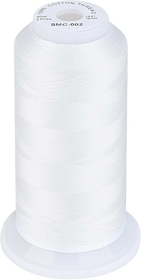 Simthread 100% Cotton Thread 1641 Yards White for Sewing Quilting | 50-Weight Large Spool