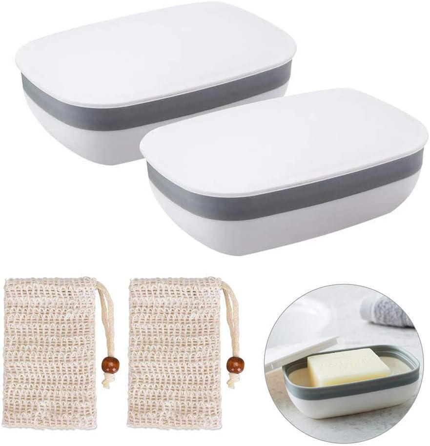 2 x Plastic Soap Dish Soap Box for Bathroom Travel Hiking Camping with 2 Sisal Soap Bags (White)