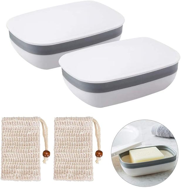 Queta Travel Soap Cases, 2-Pack Soap Dish with 2-Pack Sisal Soap Bag Portable Leak Proof Soap Box Soap Holder for Camping Home Bath (box with lid)