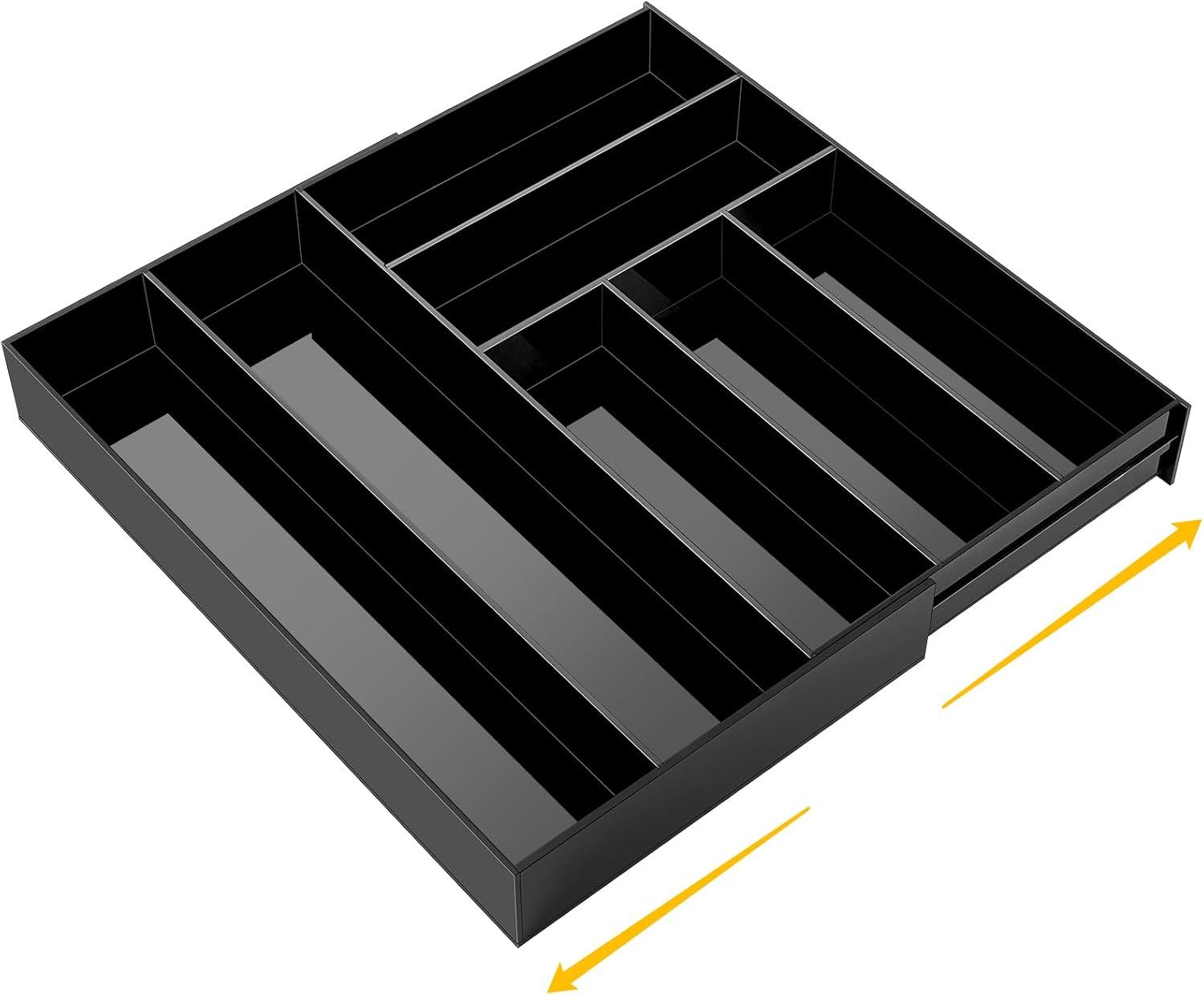 Briwooody 1 Pcs Acrylic Desk Drawer Organizer 9'' up to 18'' x 15'' x 2.1'' Expandable Drawer Organizer Trays with 7 Adjustable Compartments Black Desk Accessories for Makeup Office Bathroom