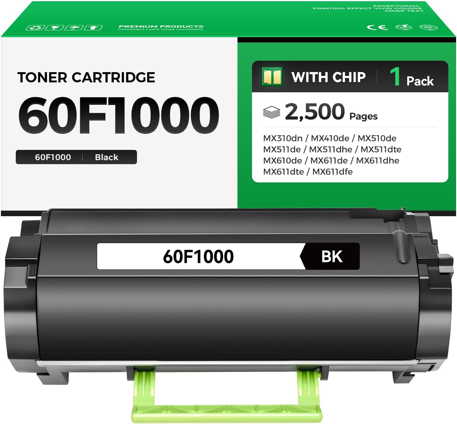 60F1000 Toner Cartridge Black with Chip 1-Pack Replacement Compatible with Lexmark MX310dn MX410de MX510de MX511de MX511dhe MX511dte MX610de MX611de MX611dhe MX611dte MX611dfe Laser Printer Ink Copier