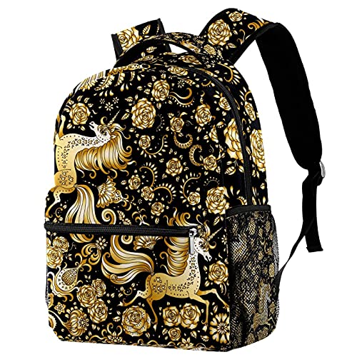 Sac à dos de voyage licorne dorée pour fille et garçon avec porte-bouteille