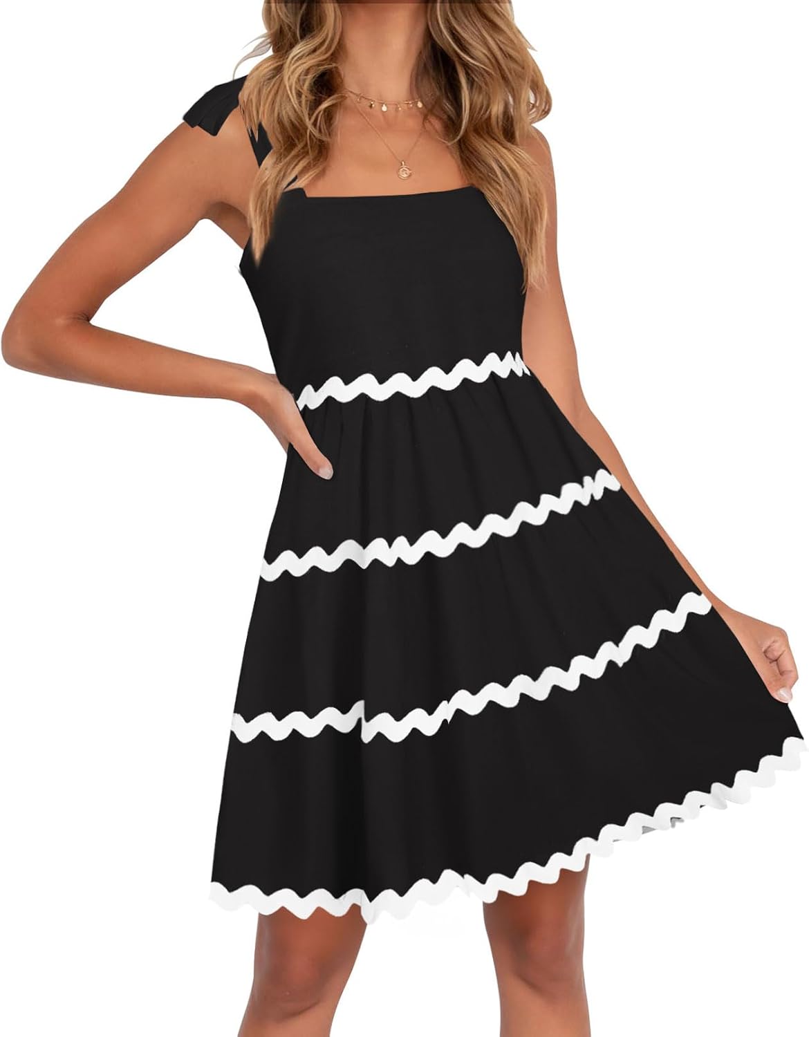 ZESICA Women's Summer Swing Mini Dress Casual Spaghetti Straps Sleeveless Smocked Backless Flowy A Line Sundress Black Large