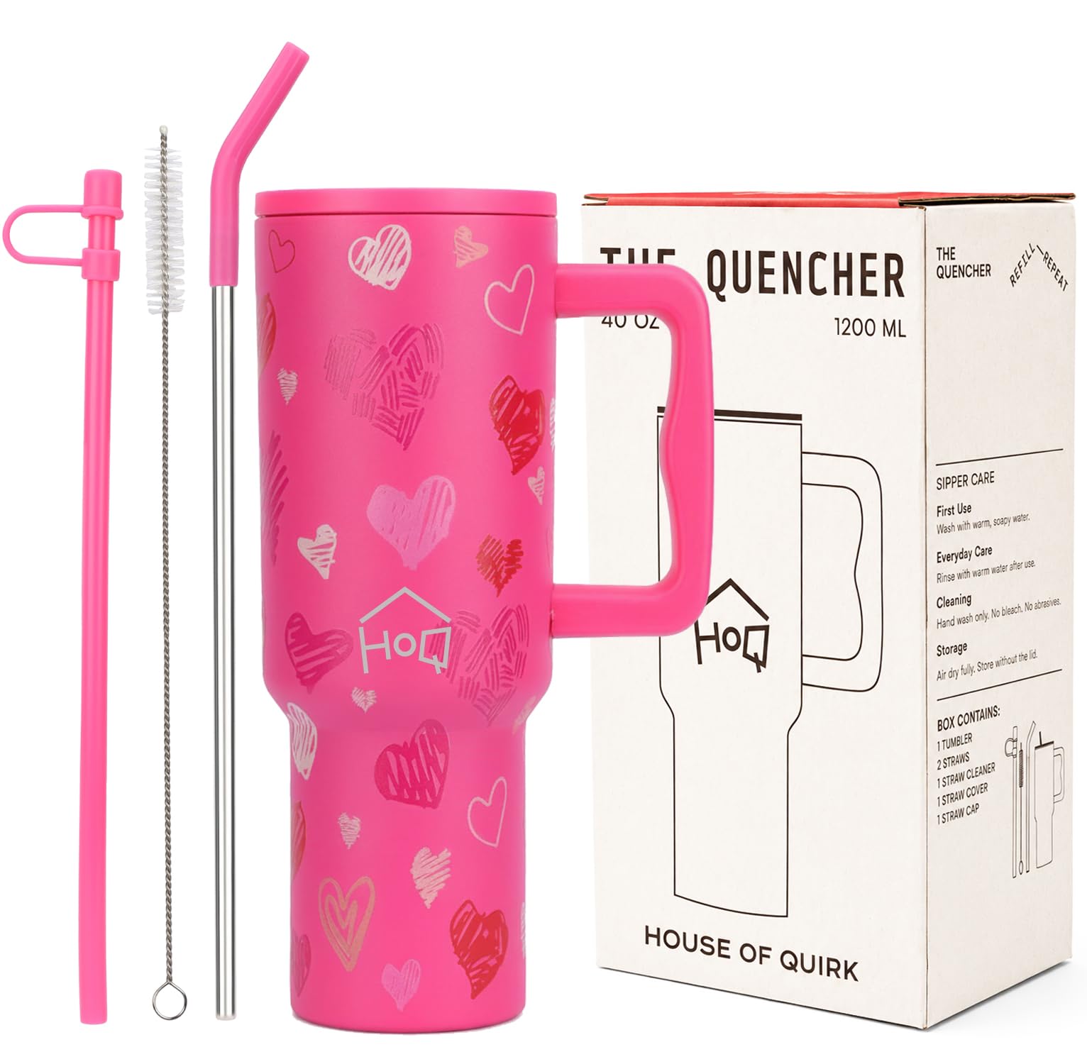 House of Quirk 1200ML Stainless Steel Tumbler with Handle & Lid, 2 Straws – Large Travel Mug Water Cup for Gym, Office & Outdoor Use (Rose Heart)