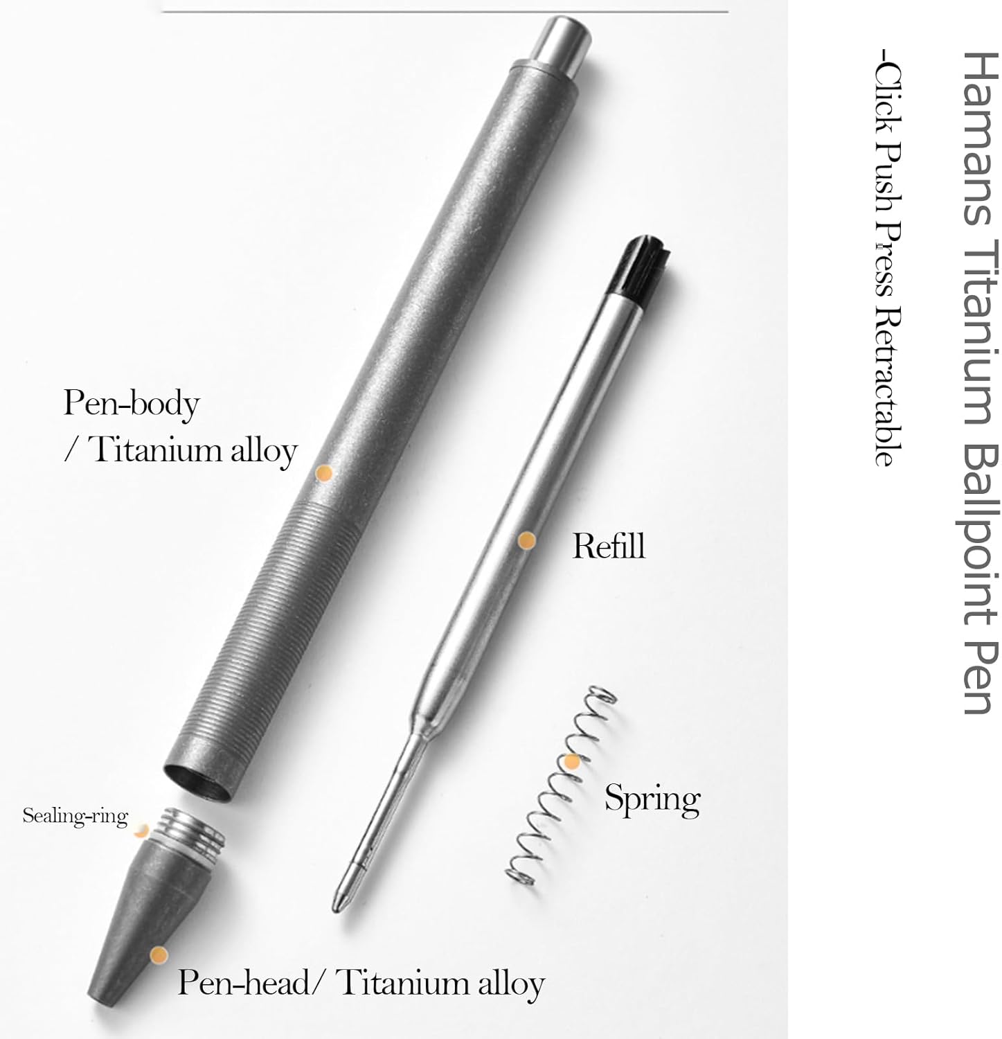 Hamans Ballpoint Pen Titanium Click Push Retractable Pen 5.28" Pocket Size Lightweight Slim Shape for Signature Business