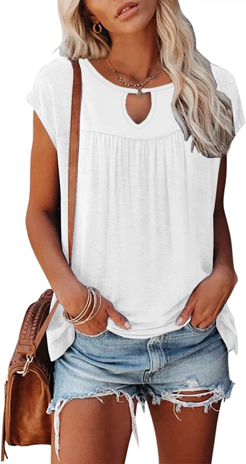 ETCYYWomens Summer Tops 2023 Casual Dressy Short Cap Sleeve Shirts Pleated Fashion Floral Print Chic Hollow Loose Fit Cute Tops
