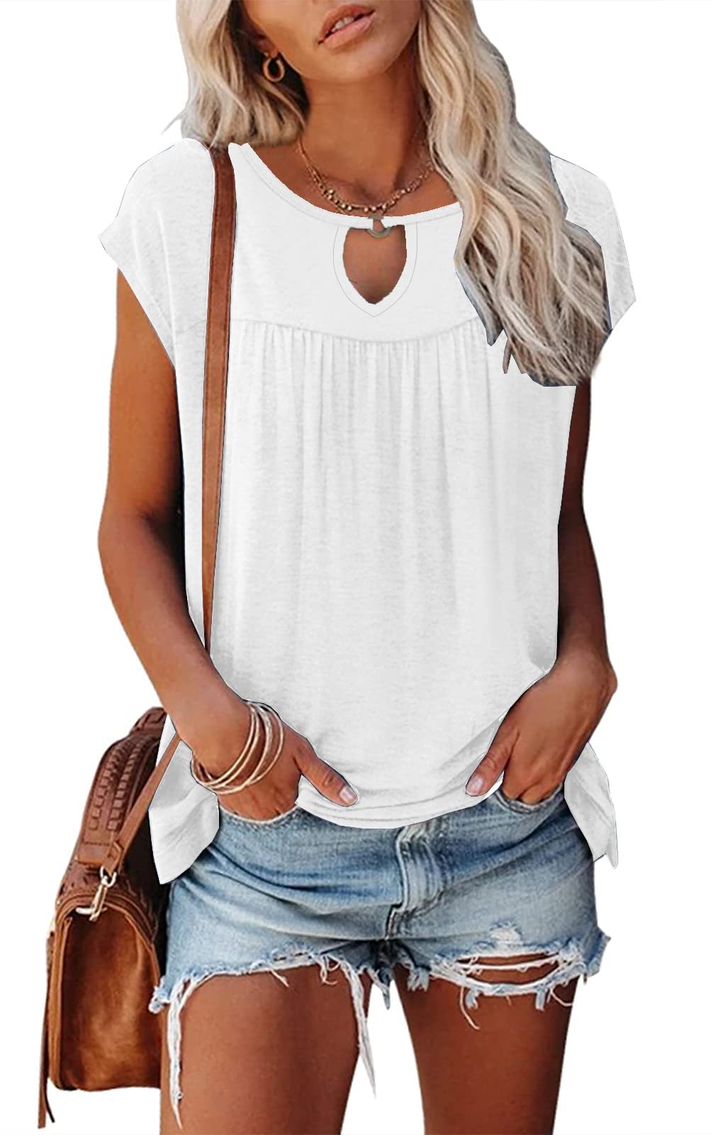 ETCYYWomens Summer Tops 2023 Casual Dressy Short Cap Sleeve Shirts Pleated Fashion Floral Print Chic Hollow Loose Fit Cute Tops