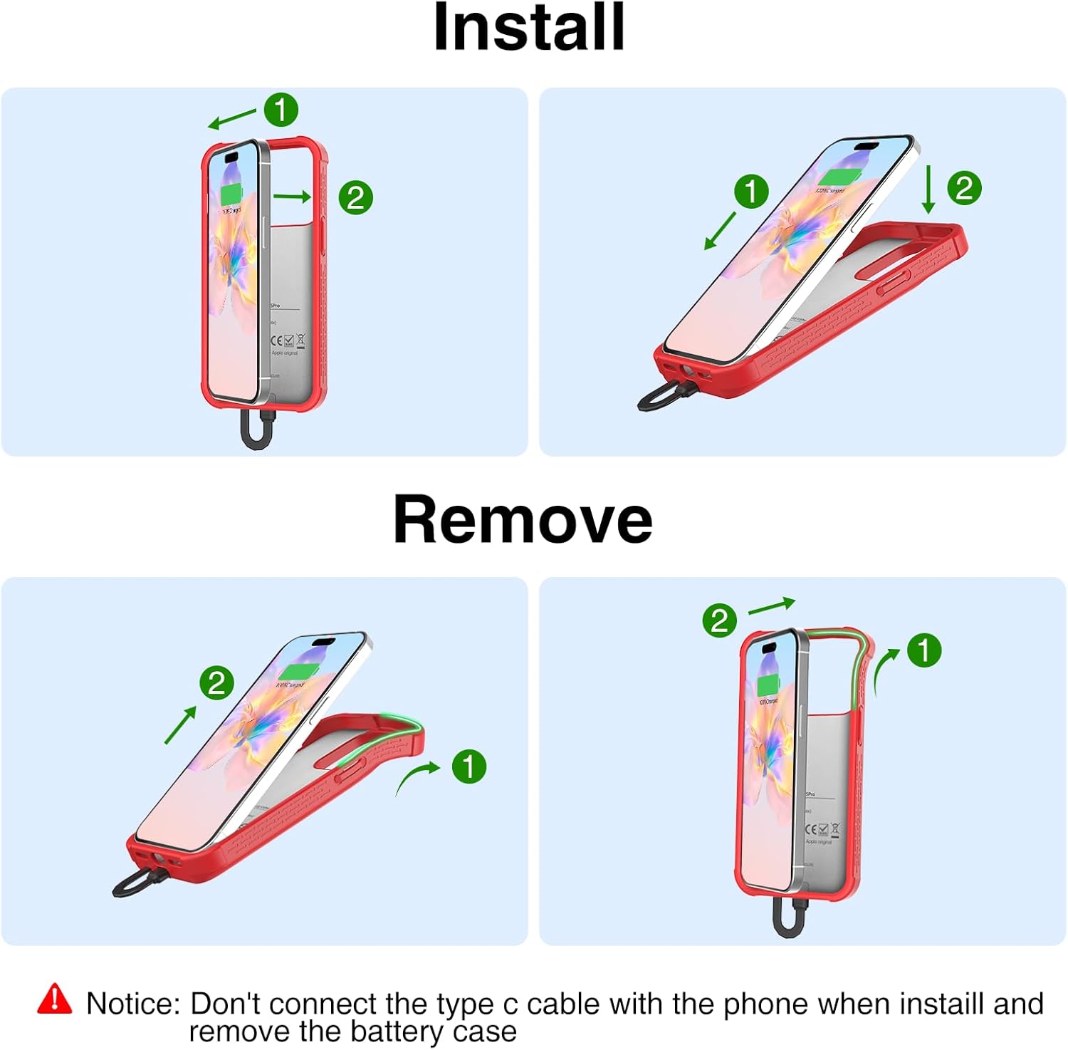 GIN FOXI Battery Case for iPhone 15/15 Pro, Rechargeable Charing Cases 7000mAh Portable Juice Box Fast Charger Cover Battery Pack for iPhone 15/15 Pro Built-in Cable, Red (6.1”)