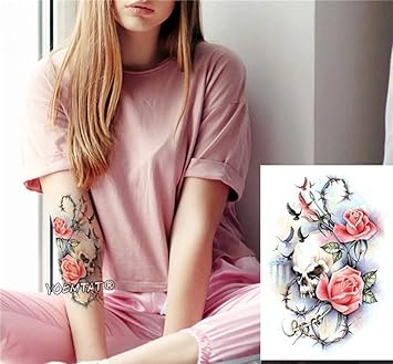 S.A.V.I Temporary Tattoo For Girls Men Women 3D Skull Cross Pink Rose Flower Sticker Size 21x15cm - 1pc. (159-1), Black, 2 g