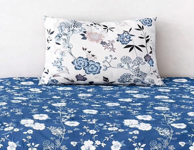 Image of DECOR2ADMIRE 300 Thread Count Premium Cotton Printed Single Bedsheet with One Pillow Covers for Home 60 Inches x 90 Inches (Indigo Meadow, Single 60 inch x 90 inch)
