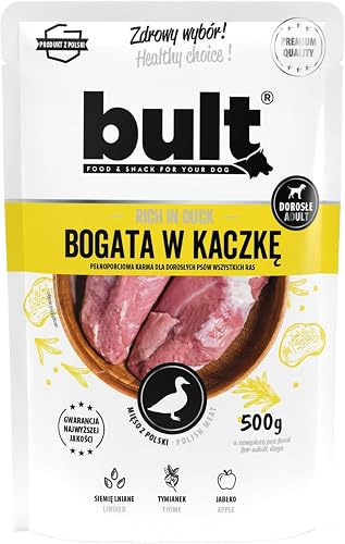 BULT, Mokra Karma dla Psa, Mielonka z Kaczką, 500g, Dla Dorosłych Psów, Saszetka, Z Siemieniem Lnianym i Tymiankiem, Bez Sztucznych Dodatków