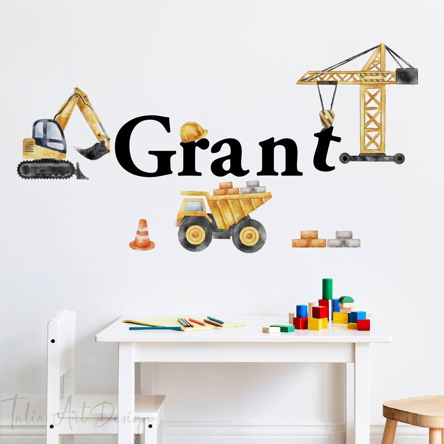 Custom Name Construction Trucks Wall Decals Excavator Dump Truck Sticker for Boys Room Kids Bedroom Mural