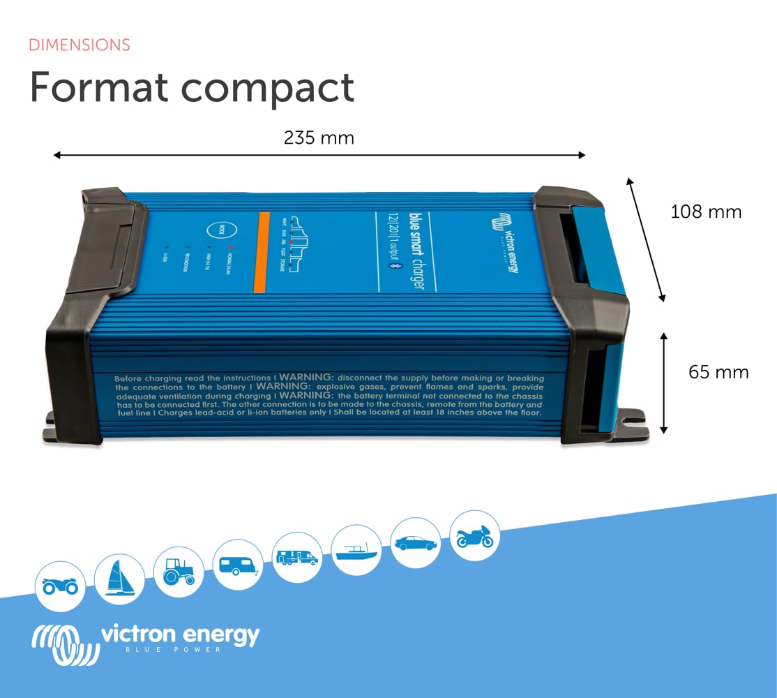 Victron Energy Blue Smart IP22 Chargeur de Batterie Sortie monophasée 12 Volts 20 amp 230 V, CEE 7/7, Bluetooth