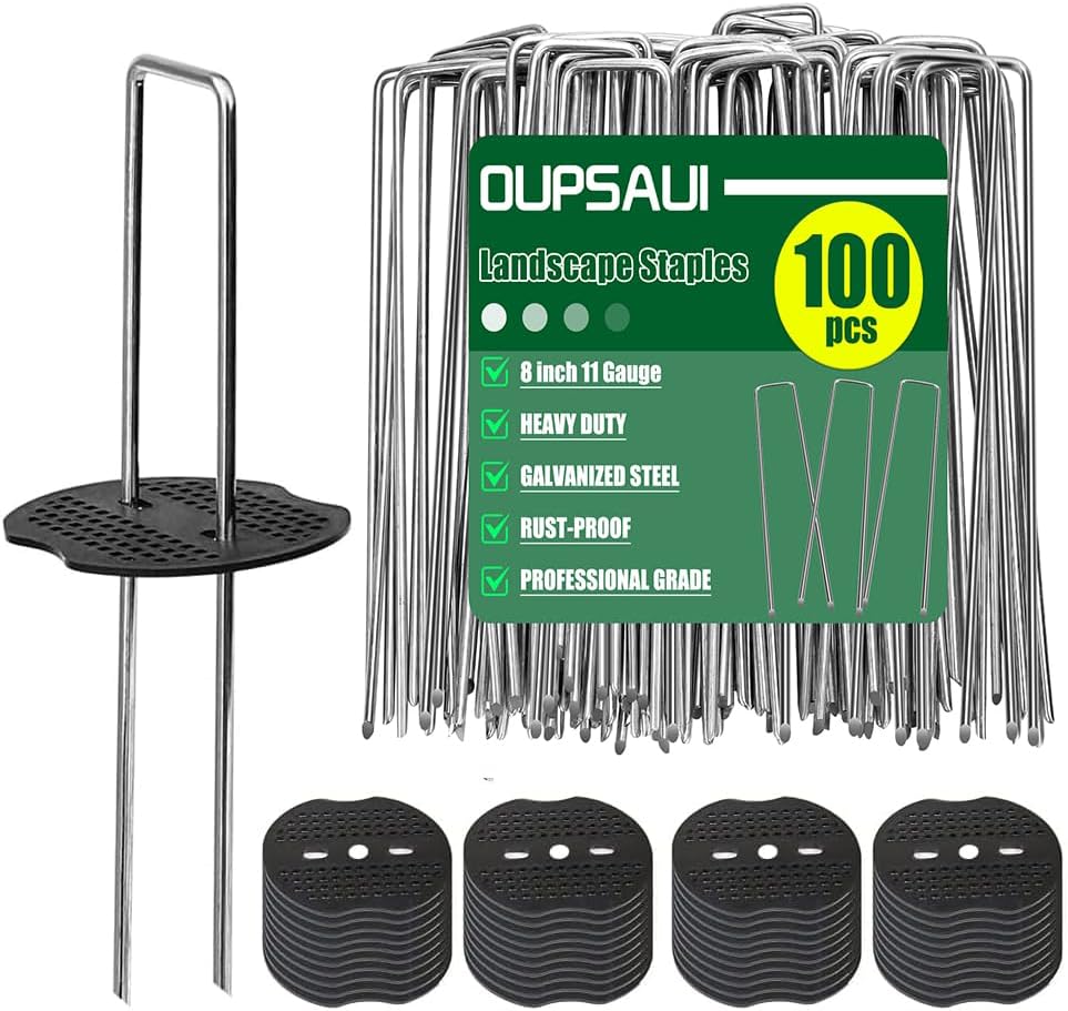 8 Inch 11 Gauge Galvanized Landscape Staples Stakes with Gaskets for Decoration, 25/50/100pcs Garden Metal Stakes for Weed Barrier Fabric, Fence Stakes, Tent Stakes(8in,100pcs) 100 8INCH+GASKETS