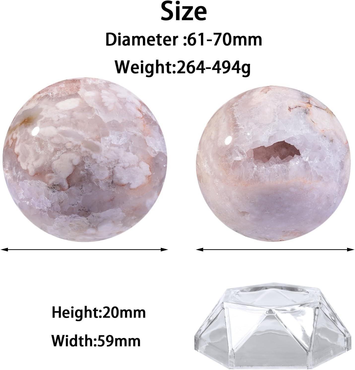 Amogeeli Cherry Blossom Agate Crystal Sphere with Acrylic Stand for Decoration Stone Ball Sculpture for Divination 2.4-2.75"