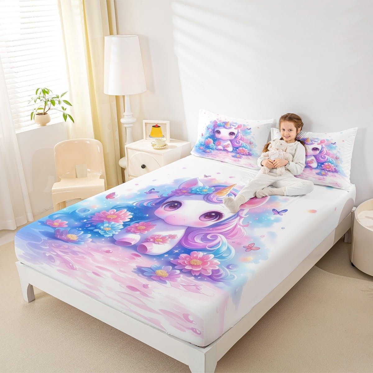 Unicorn Fitted Sheet Full Size Kawaii Animal Dreamy Bedding Set for Kids Girls Teens Watercolor Blue Pink Tie Dye Bed Sheet Set Butterfly Flower Bed Cover Room Decor,No Top Sheet