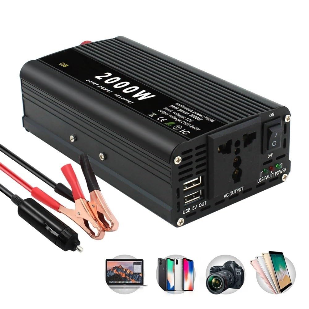 Inverter Convertitore Nero Rosso Argento Dual USB 2000W Portatile Inverter Caricabatterie Convertitore Adattatore DC 12V/24V A AC 220V 230V Presa Universale(12V 220V Red)