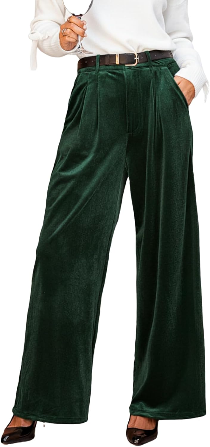 CUPSHE Velvet Pants for Women Wide Leg Dressy Velour Palazzo Work Pants with Pockets