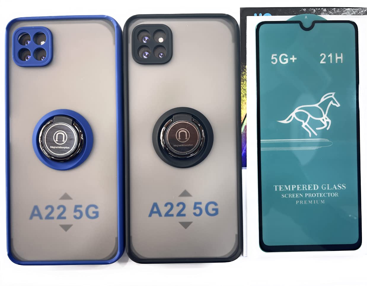 Emiratesbrand Samsung Galaxy A22 5G Flexible Silicone Protective Bumper case Slim Translucent Shockproof Matte Back Cover with 360 rotational Car Mount Magnetic Ring Holder 2Pack + 5D Tempered Glass