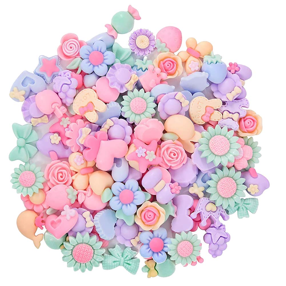 Hugede 100 Pcs 3D Assorted Flower Fruit Resin Flatback Button Flat Back Scrapbooking Embelishments For Hair Clip Diy Crafts