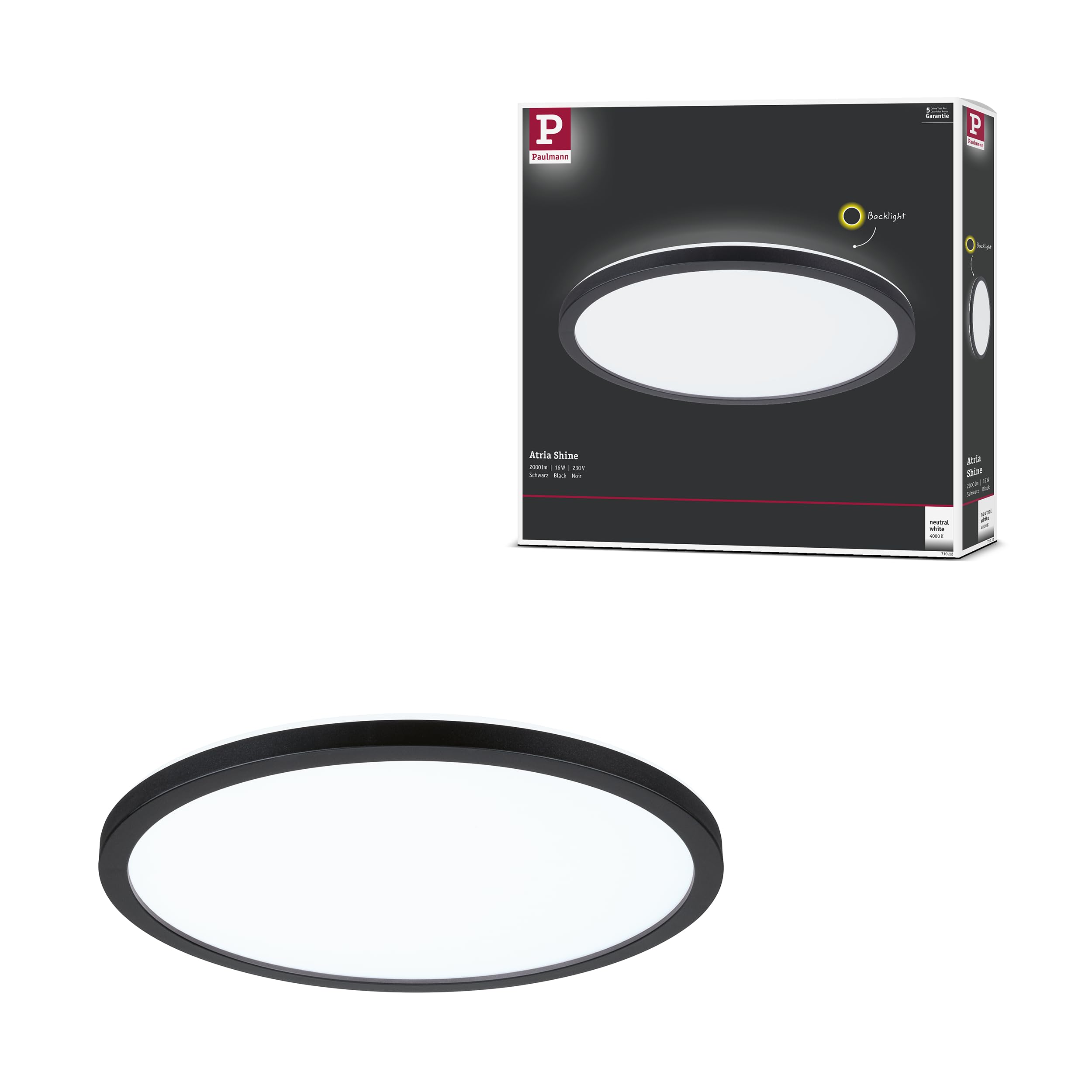 Paulmann 71012 LED Panel Atria Shine 293 mm Round incl. 1x16 W Daylight White Black Light Panel Plastic Ceiling Panel 4000 K