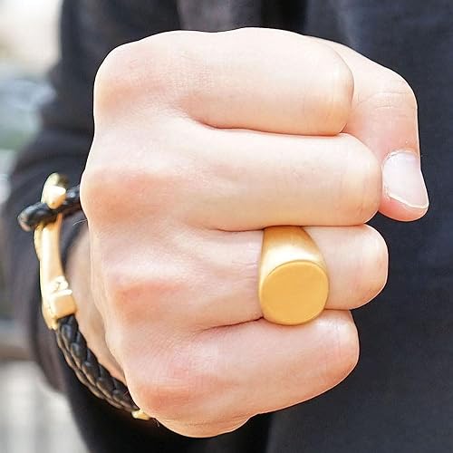 Miniatura 4 de Mens 10mm Gold Stainless Steel Signet Ring in Matte Brushed Finish - Minimalist Ring for Men with Engravable Oval Top (9)