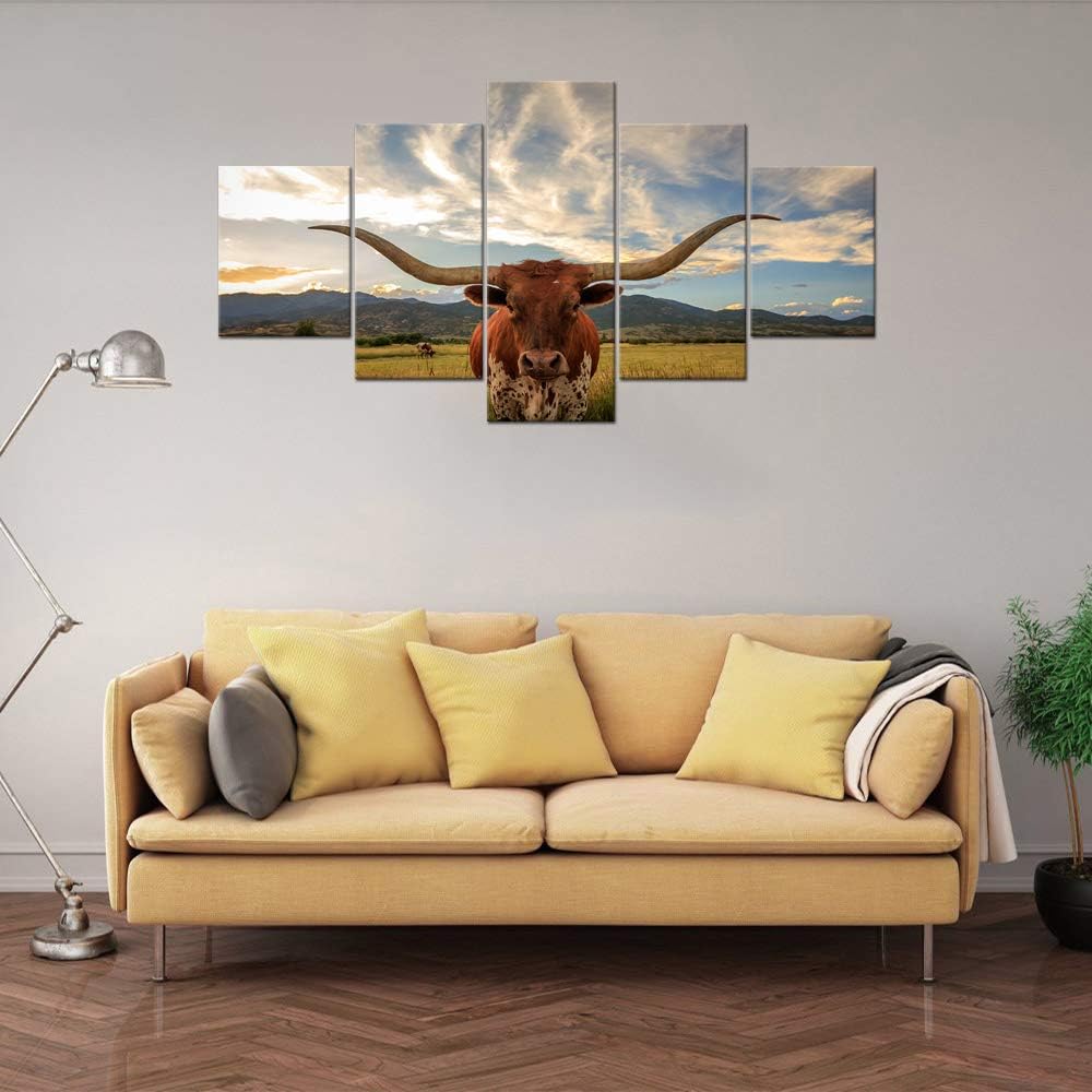 ❤ Crazy Deals 5 Piece Animal HD Painting Canvas Prints Texas Longhorn Steer in Rural Utah Giclee Artwork Modern Framed and Stretched Wall Art Painting for Living Room Decor - 60''W x 32''H