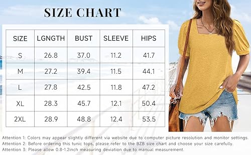 Puff Sleeve Tops For Women Loose Fit T-Shirts Solid Color Tee Shirts Elegant Yellow L #TOP5