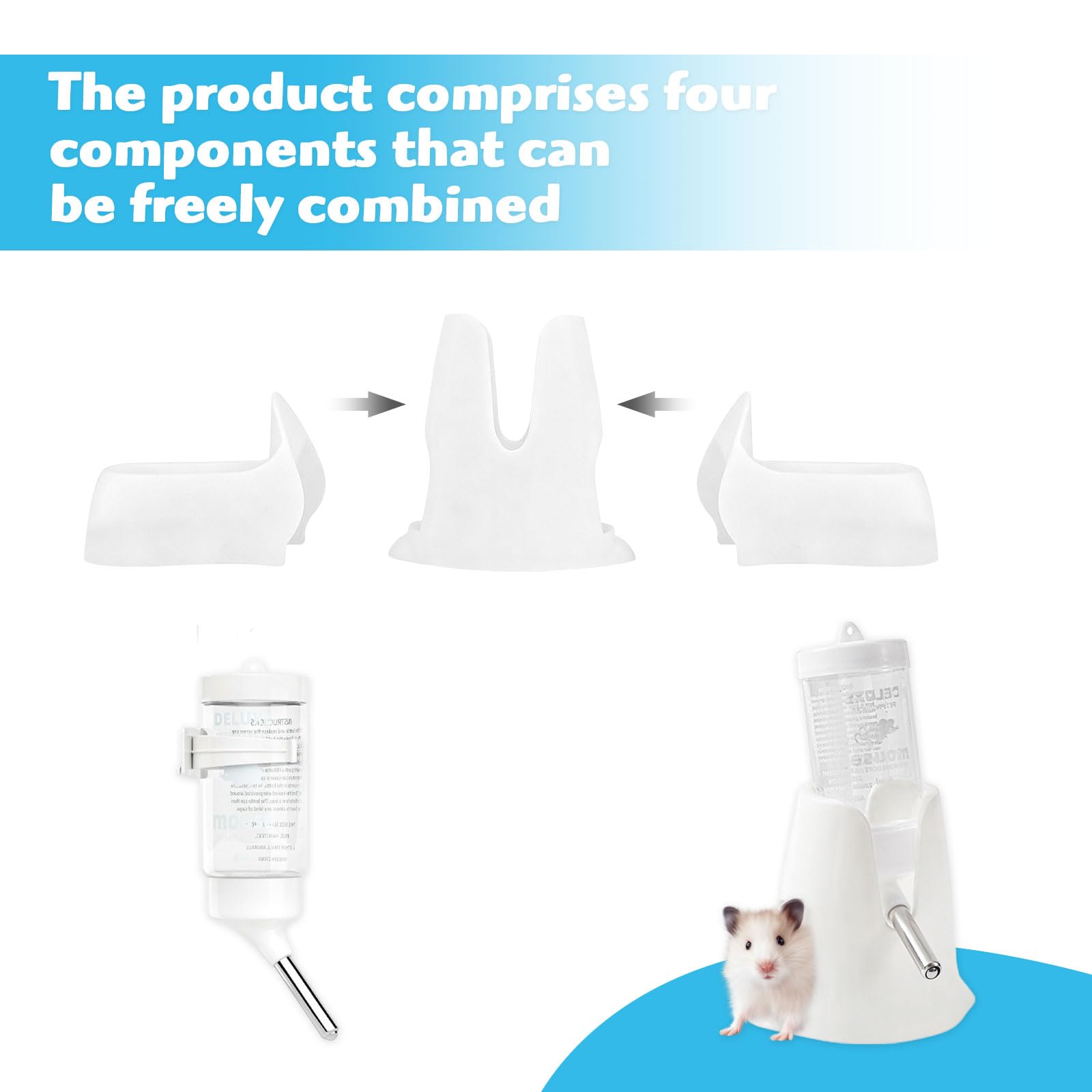 Bouteille D’Eau pour Hamster 80 ML Blanche, Distributeur Automatique 3 en 1 avec Double Bol et Support, sans Fuite pour Hamster, Lapin, Cochon D’Inde, Chinchilla et Autres Petits Animaux