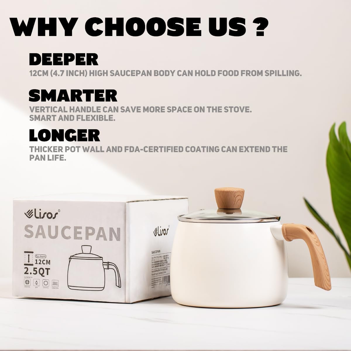 2.5 Quart Non-stick Ceramic Sauce Pan with Lid, Small Milk Pots for Cooking with Pour Spout, Aluminum stock Pot Wood Handle for kitchen, PFAS-Free, White