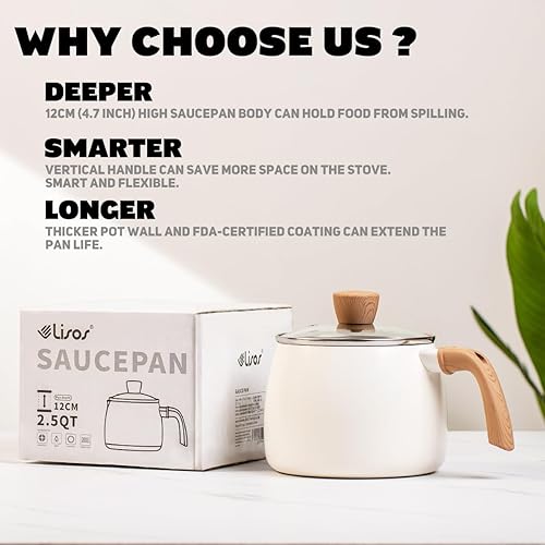 Miniatura 2 de Sartén antiadherente de 2.5 cuartos de galón con tapa, ollas de leche pequeñas para cocinar con boquilla de vertido, mango de madera de aluminio