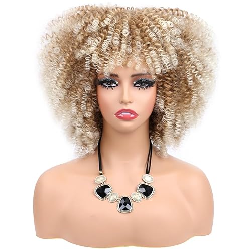 Peluca corta afro rizada para mujeres negras, pelucas rizadas de 14 pulgadas con flequillo, pelucas rizadas sintéticas sin pegamento para fiestas