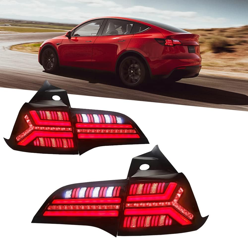 New Taillight for 2017-2021 Model 3 Tesla Smoked Tail Light Assembly Model Y Dual Reverse V2 Custom Accessories DRL Red Led Sequential Turn Signals Dynamic Startup Retrofit Back Rear Lamps (Fish Bone)