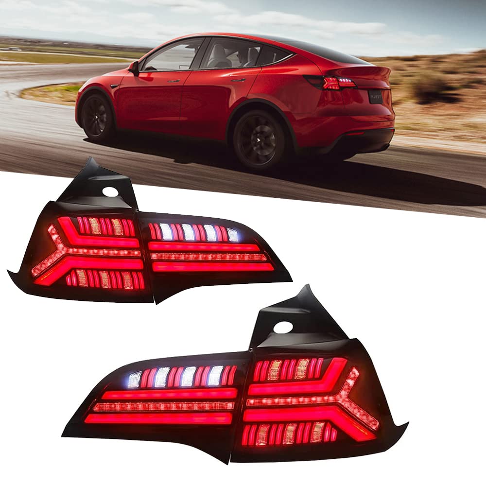 New Taillight for 2017-2021 Model 3 Tesla Smoked Tail Light Assembly Model Y Dual Reverse V2 Custom Accessories DRL Red Led Sequential Turn Signals Dynamic Startup Retrofit Back Rear Lamps (Fish Bone)