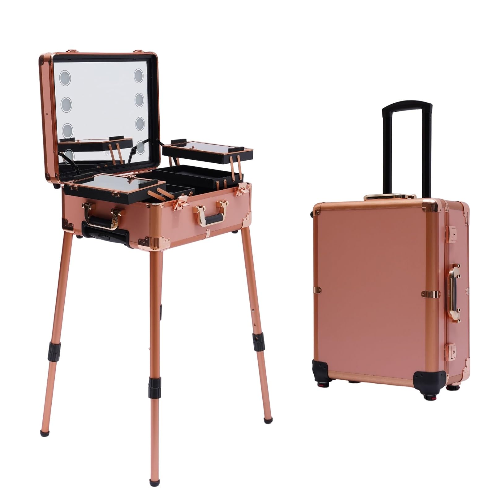 Valigetta per trucchi con 4 ruote e illuminazione e specchio,organizer per trucchi,3 in 1,grande valigetta professionale per trucchi e parrucchieri,con serratura in alluminio,oro rosa
