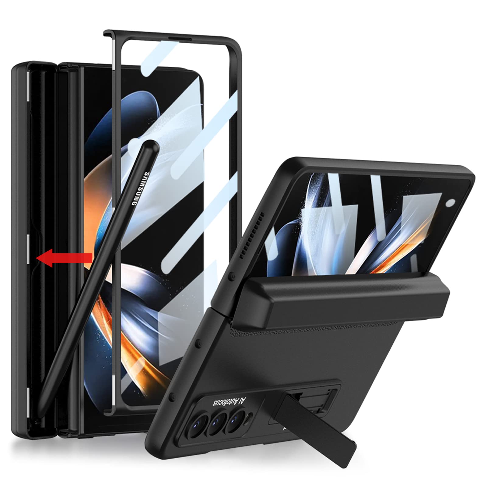ELEPIK Armor Series Case for Galaxy Z Fold 4 with Built-in Tempered Glass Screen Protector, Closed S Pen Holder [Avoid S Pen Lost], Hinge Protector, Kickstand, Wireless Charging (Black)