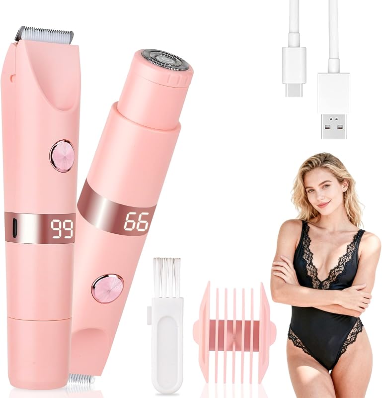 Barbeador elétrico 2 em 1 Beanify com aparador para linha do biquíni, tela LED, duas cabeças, IPX7, recarregável, rosa