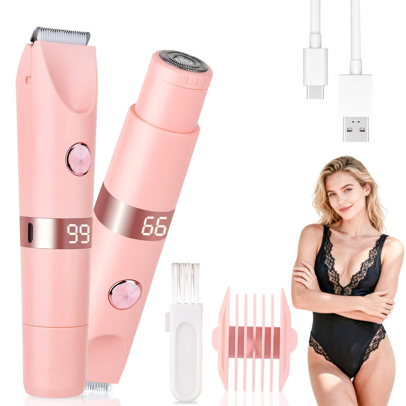 Beanify Damenrasierer Elektrisch & Bikini Trimmer 2-in-1 mit LED Digitalanzeige, IPX7 wasserdicht, Nass- & Trockenrasierer, Wiederaufladbarer Elektrorasierer für Gesicht, Intimbereich