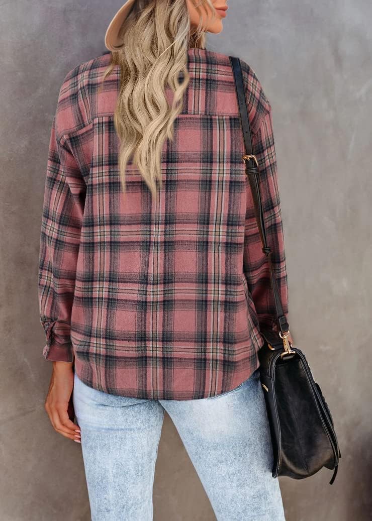 Fisoew Damen Langarm Karierte Blusen Flanell Button Down Jacken Casual Langarmshirts