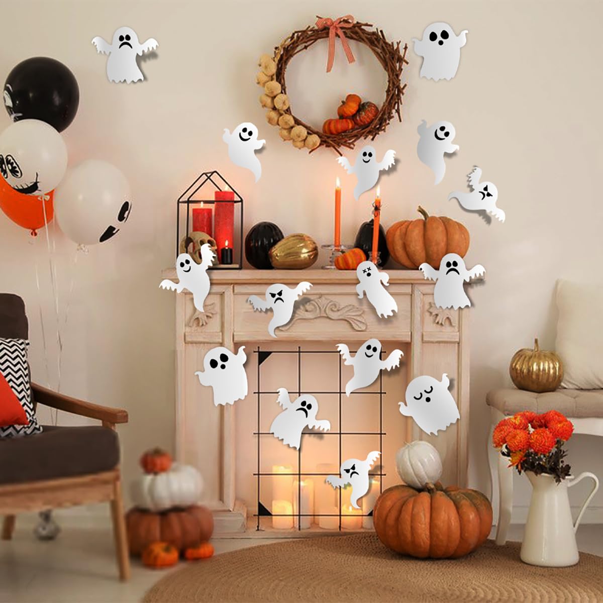 42 szt. Halloween naklejki dekoracyjne 3D uroczy duch naklejki ścienne samoprzylepne dekoracja biały mały duch naklejki ścienne Halloween artykuły imprezowe do domu gotyckiego domu drzwi pokoju na