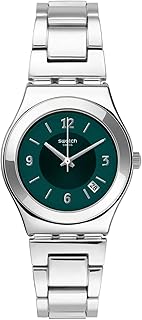 ساعة يد انالوج بعقارب دائرية ستانلس ستيل بمينا اخضر للنساء من سواتش YLS468G - فضي