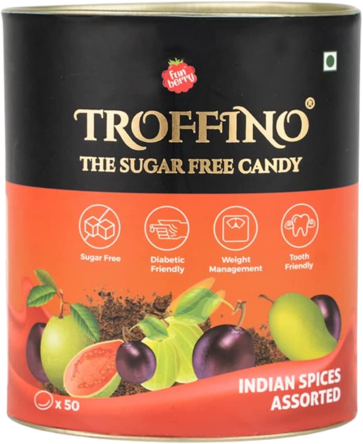 TROFFINO SUGAR FREE Indian Spices Mixed Candy Jar, (50 Candies) - Kala Khatta, Kachi Kairi, Tamarind, Guava - Pack of 1