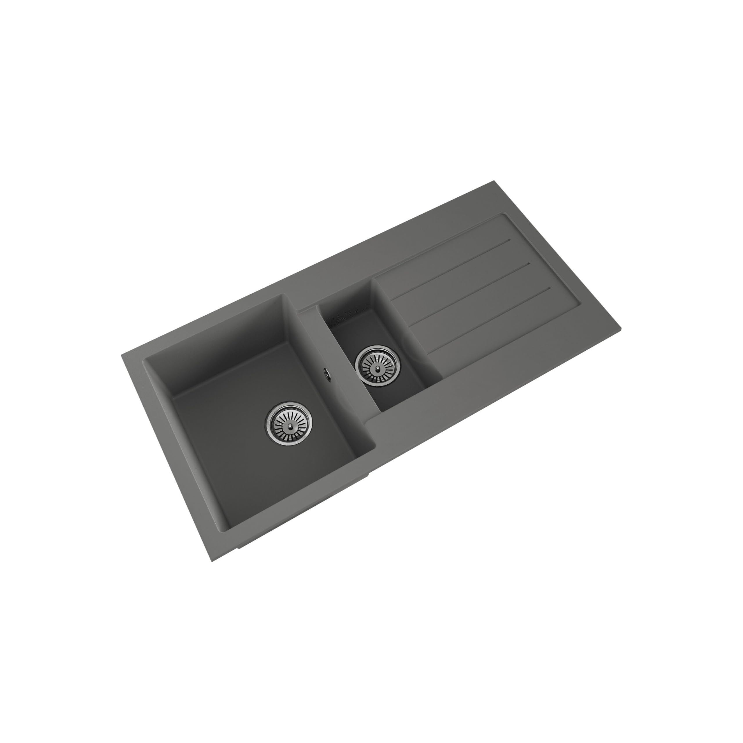 Balterley Composite Kitchen Sink with Drainer & Overflow Hole, 100cm Bowl Inset Grey Kitchen Sink, 1.5 Double Bowl Reversible Composite Sinks with Grooved Drainer - 1000 x 500 x 200mm (Grey)