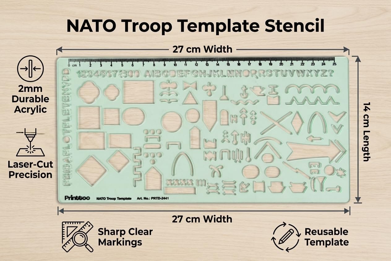 Printtoo NATO Troop Template Stencil, 2mm Thick Clear Green Acrylic Military Planning Ruler with Tactical Symbols, Letters, Numbers & Scale for Map Marking, Students, Artists & Designers