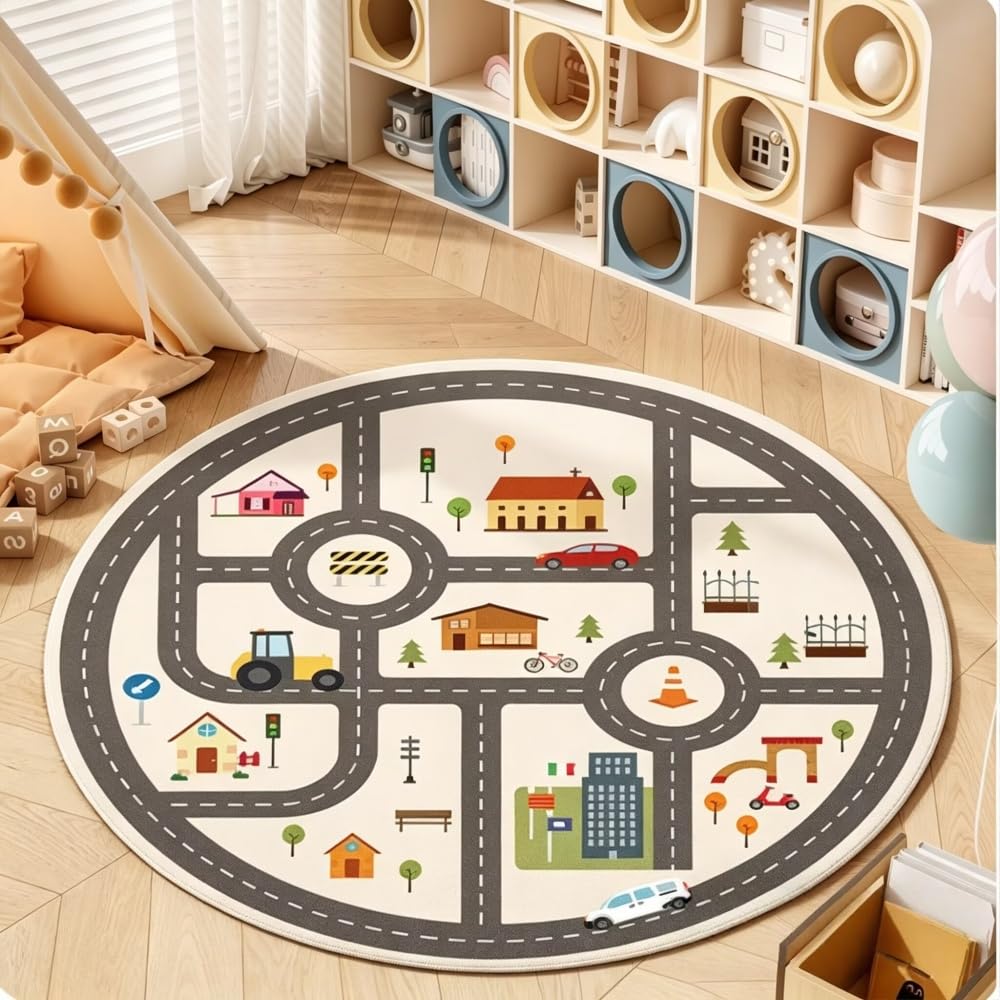 Poowe Round Kids Area Rugs Soft Fluffy Baby Play Mat for Playroom Nonslip Digger Nursery Rug for Kid Room,4FT-Dazzling City — image 1