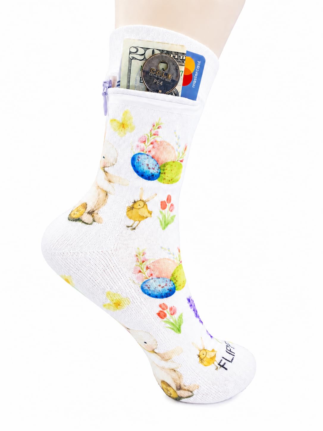 Zipper Sock Wallet - Cotton &amp; Polyester Zipper Socks with Pockets - Fits shoe size 6-13