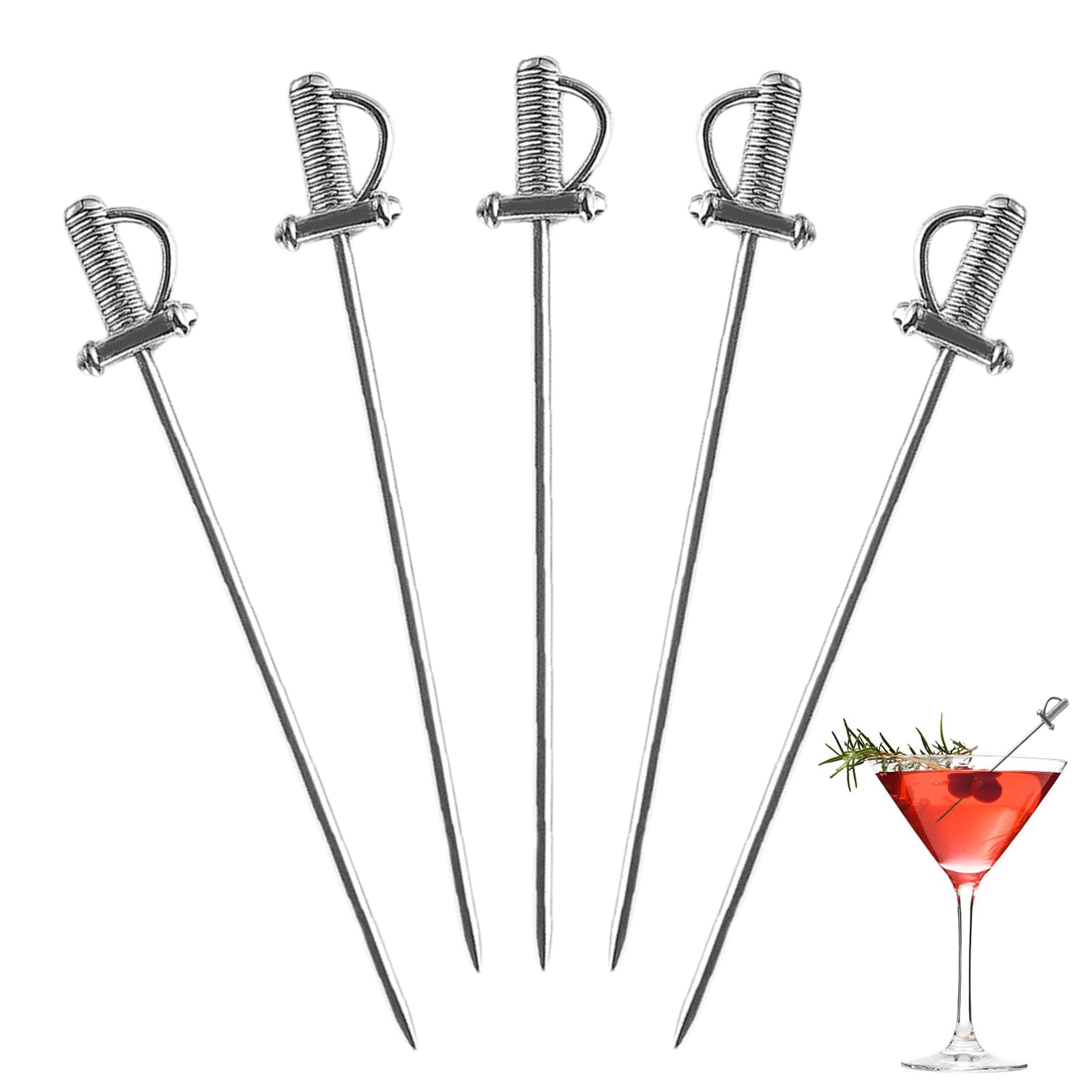KinetiCore 5 Pack Stainless Steel Cocktail Picks, 11cm Retro Sword Martini Picks, Reusable Metal Olive Skewers for Home Bar, Restaurant & Parties