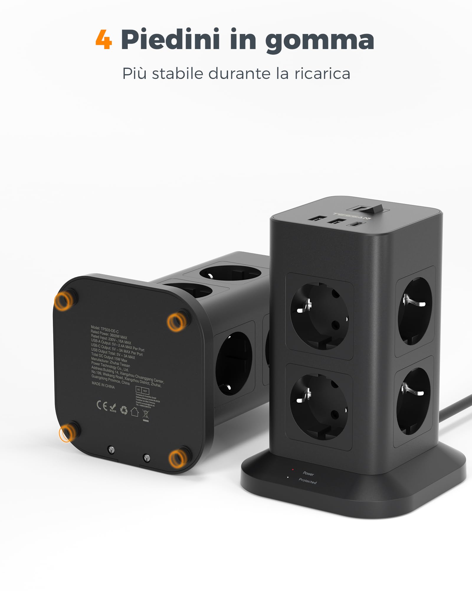 TESSAN 8 Prese Ciabatta Multipresa con USB, Multipresa Elettrica con Prolunga Elettrica 10 Metri, Presa Verticale Protezione Sovratensione, 3600W Ciabatta con Interruttore, Nera